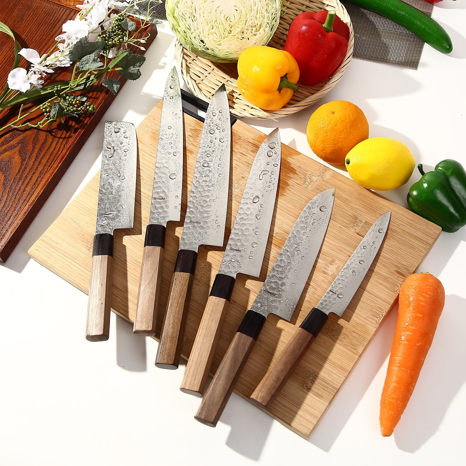 Syosaku Japanese Sujihiki Best Sharp Kitchen Chef Knife Hammered Damascus VG-10 46 Layer Octagonal Walnut Handle, Slicer 9.5-inch (240mm)