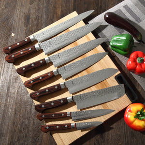 Syosaku Japanese Sujihiki Best Sharp Kitchen Chef Knife Hammered Damascus VG-10 16 Layer Mahogany Handle, Slicer 9.5-inch (240mm)