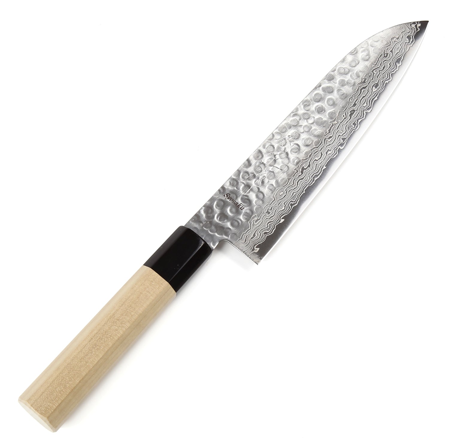 Syosaku Japanese Multi Purpose Best Sharp Kitchen Chef Knife Hammered Damascus VG-10 46 Layer Octagonal Magnolia Wood Handle, Santoku 7-inch (180mm) - Syosaku-Japan