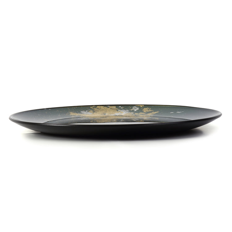 Syosaku Japanese Urushi Glass Flat Dinner Plate 11-inch (28cm) Majestic Green with Gold Leaf, Dishwasher Safe - Syosaku-Japan