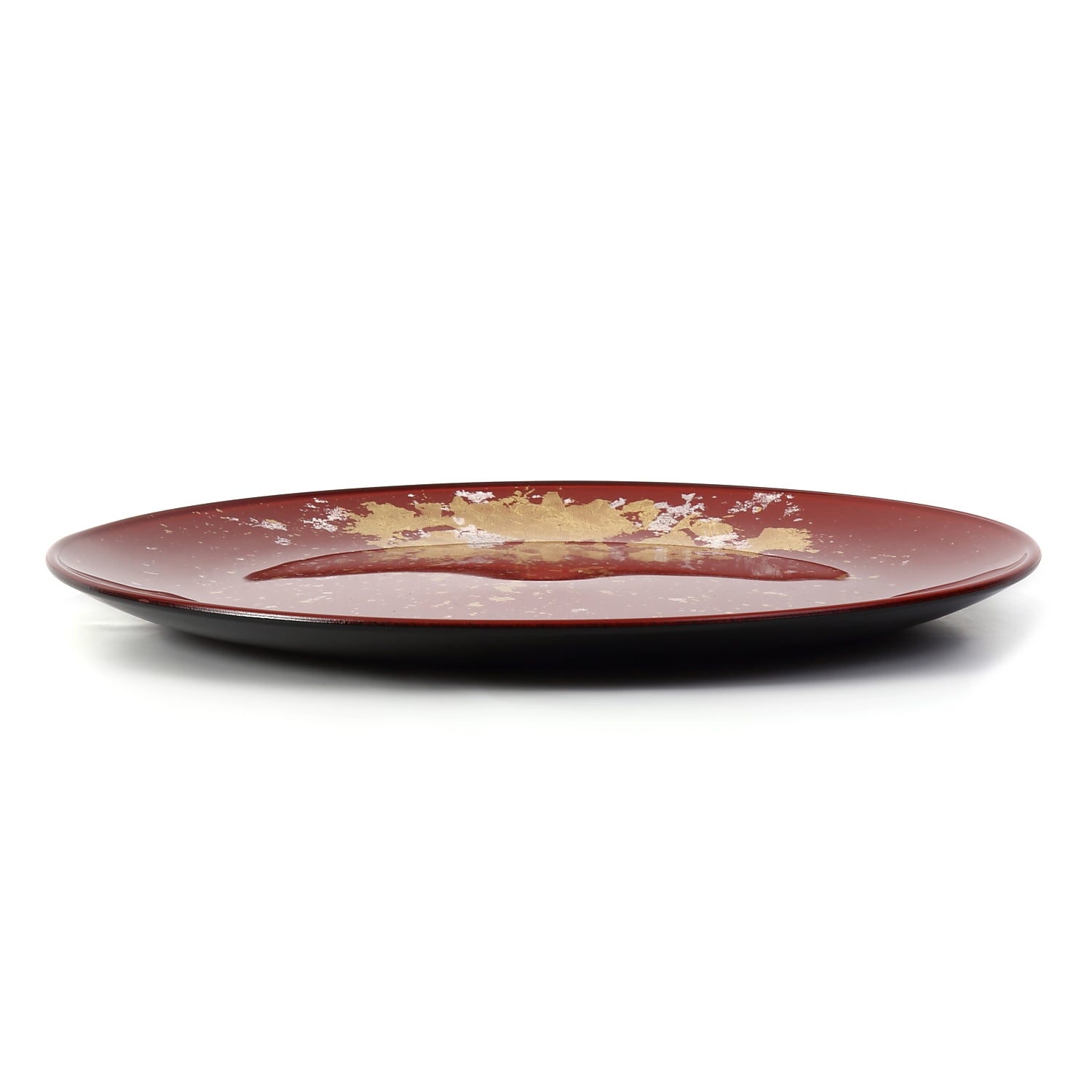 Syosaku Japanese Urushi Glass Flat Dinner Plate 11-inch (28cm) Vermilion with Gold Leaf, Dishwasher Safe - Syosaku-Japan