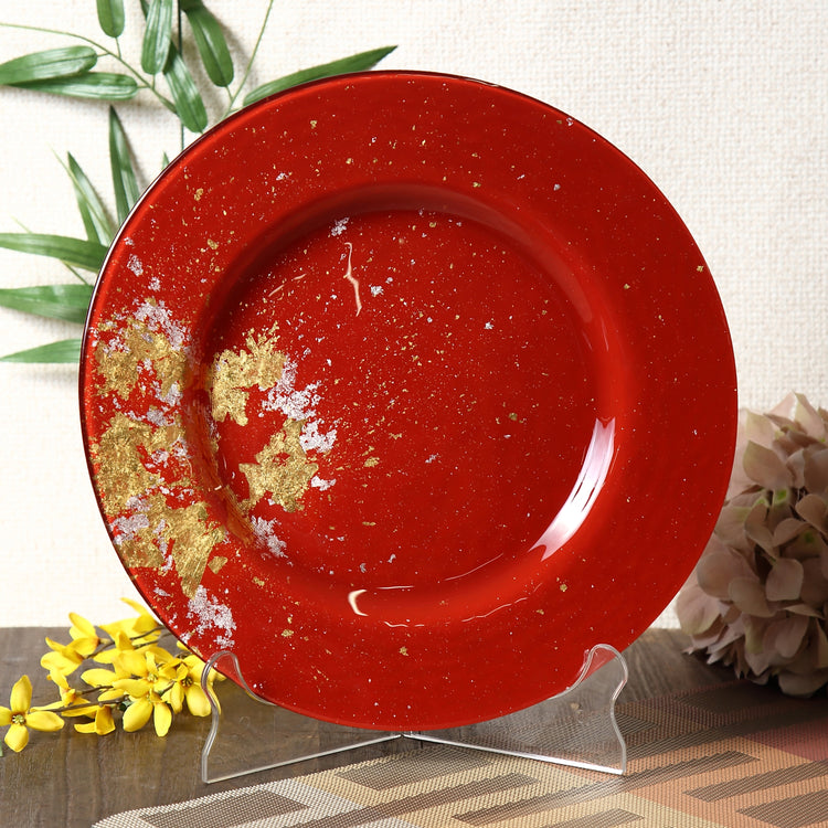 Syosaku Japanese Urushi Glass Dinner Plate 12.5-inch (32cm) Vermilion with Gold Leaf, Dishwasher Safe - Syosaku-Japan