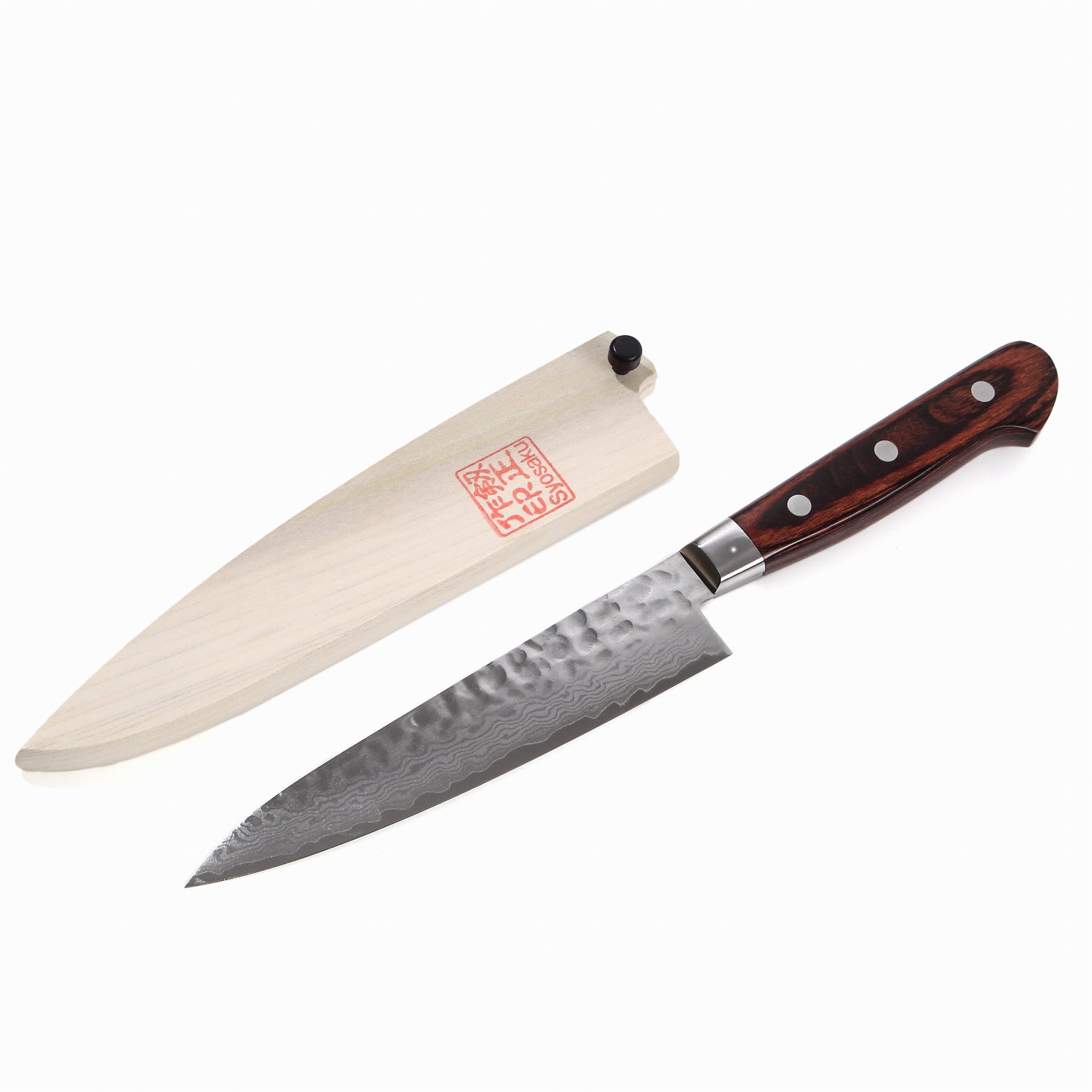 Syosaku Japanese Petty Best Sharp Kitchen Chef Knife Hammered Damascus VG-10 16 Layer Mahogany Handle, 5.3-inch (135mm) with Magnolia Sheath Saya - Syosaku-Japan