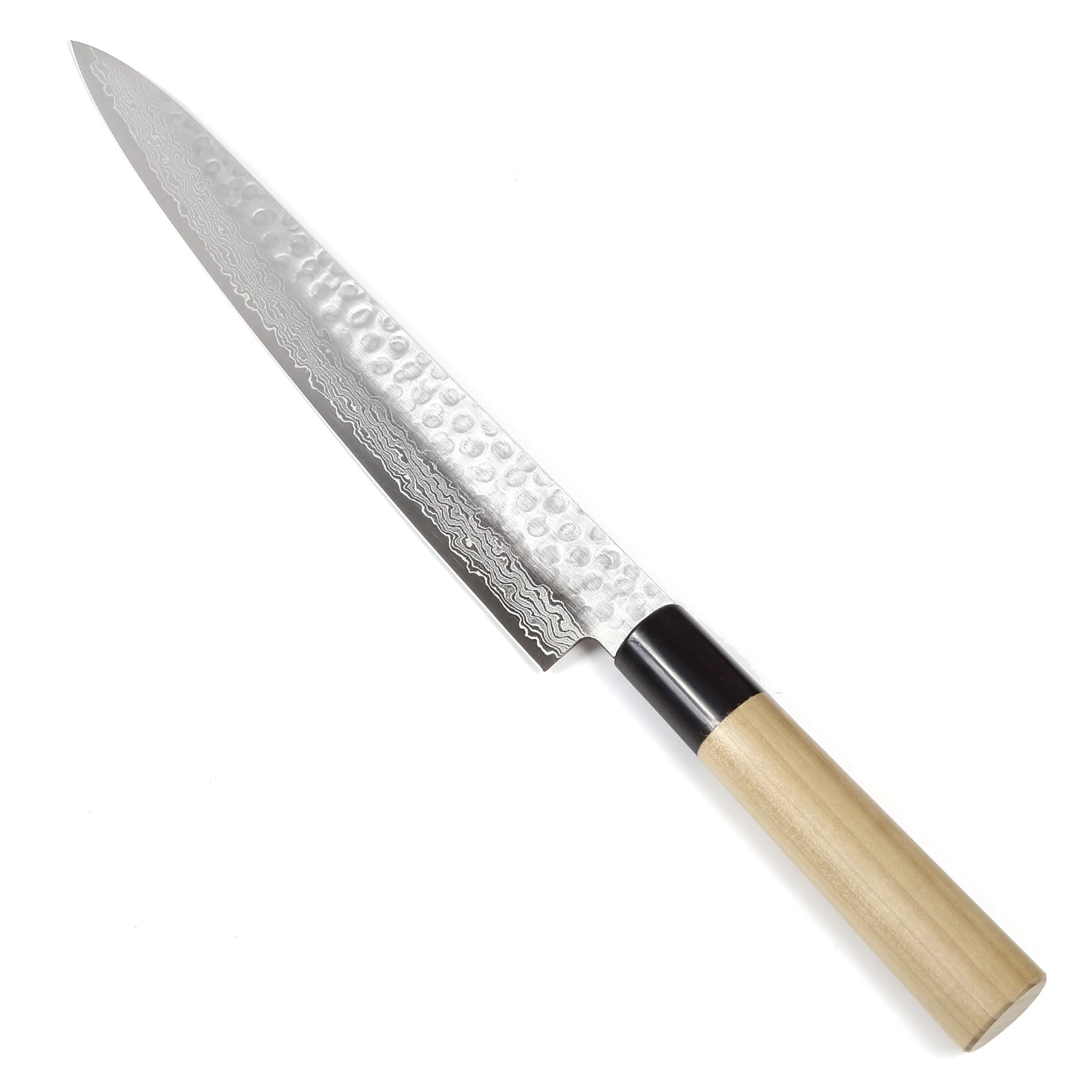 Syosaku Japanese Sujihiki Best Sharp Kitchen Chef Knife Hammered Damascus VG-10 46 Layer D-Shape Magnolia Wood Handle, Slicer 9.5-inch (240mm) - Syosaku-Japan