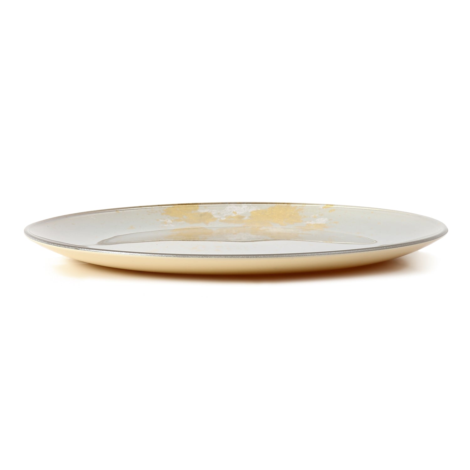 Syosaku Japanese Urushi Glass Flat Dinner Plate 11-inch (28cm) Majestic White with Gold Leaf, Dishwasher Safe - Syosaku-Japan