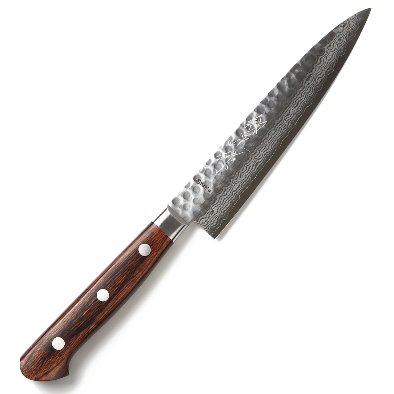 Syosaku Japanese Petty Best Sharp Kitchen Chef Knife Hammered Damascus VG-10 16 Layer Mahogany Handle, 5.3-inch (135mm) - Syosaku-Japan