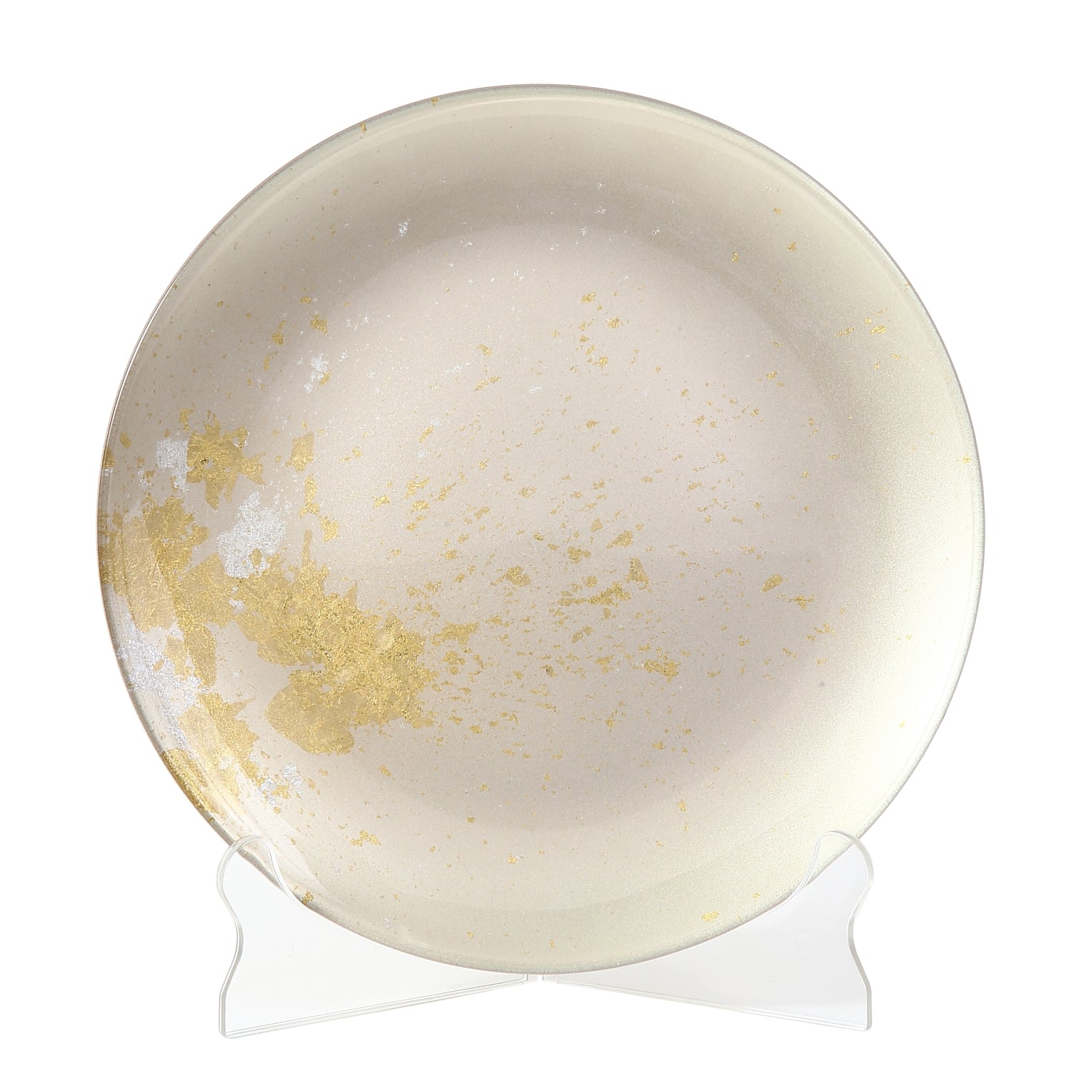 Syosaku Japanese Urushi Glass Flat Dinner Plate 11-inch (28cm) Majestic White with Gold Leaf, Dishwasher Safe - Syosaku-Japan