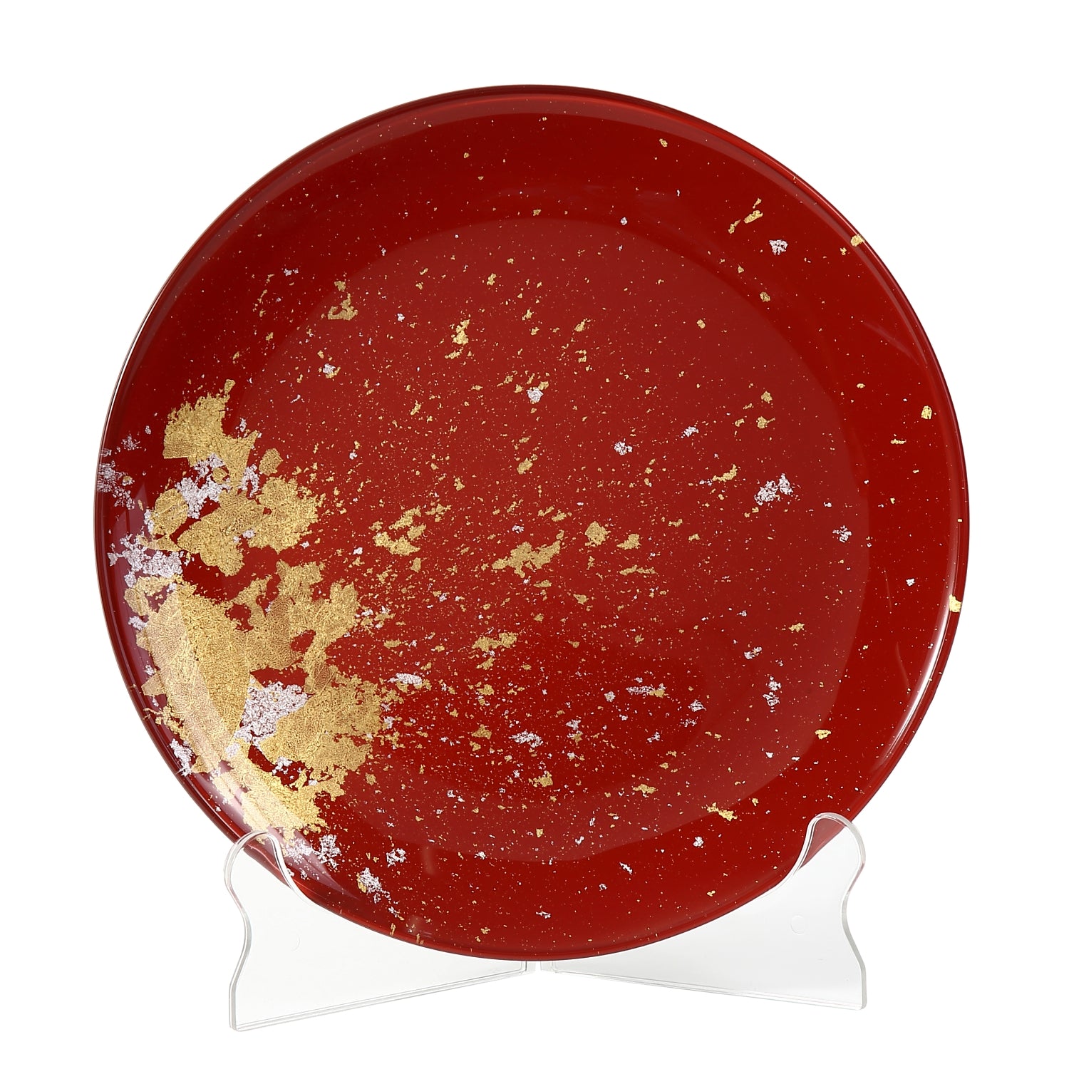 Syosaku Japanese Urushi Glass Flat Dinner Plate 11-inch (28cm) Vermilion with Gold Leaf, Dishwasher Safe - Syosaku-Japan