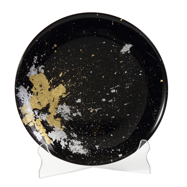 Syosaku Japanese Urushi Glass Flat Dinner Plate 11-inch (28cm) Jet Black with Gold Leaf, Dishwasher Safe - Syosaku-Japan