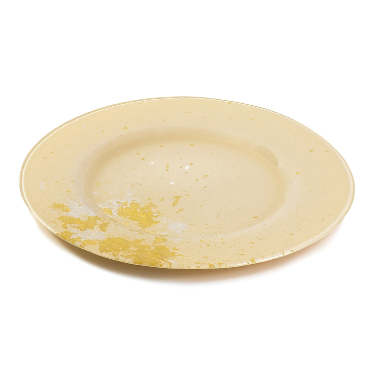 Syosaku Japanese Urushi Glass Dinner Plate 12.5-inch (32cm) Light Beige with Gold Leaf, Dishwasher Safe - Syosaku-Japan