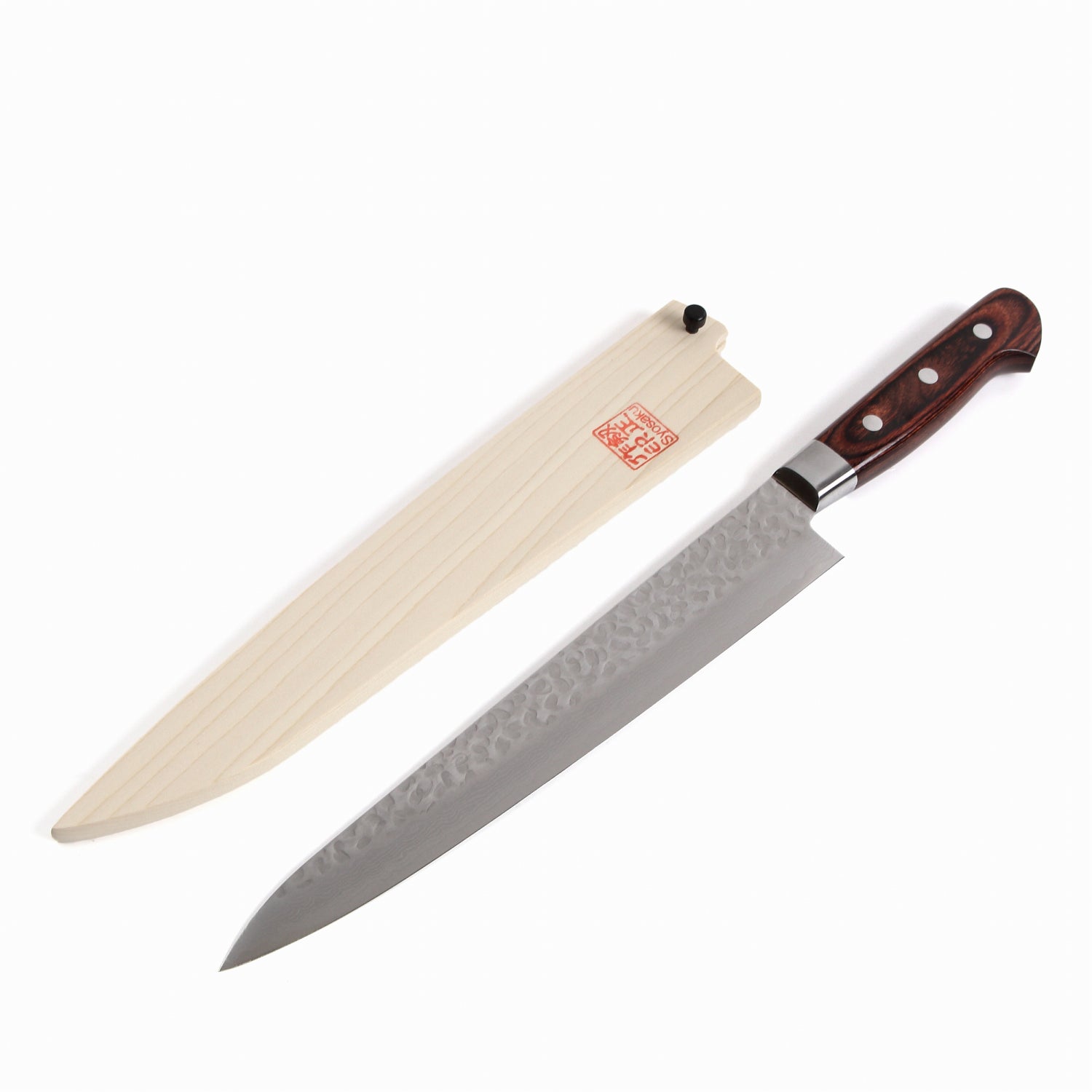 Syosaku Japanese Sujihiki Best Sharp Kitchen Chef Knife Hammered Damascus VG-10 16 Layer Mahogany Handle, Slicer 9.5-inch (240mm) with Magnolia Sheath - Syosaku-Japan