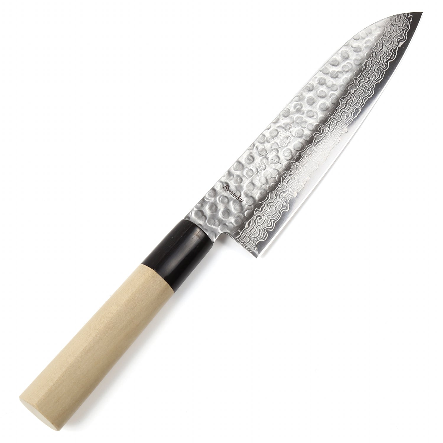 Syosaku Japanese Multi Purpose Best Sharp Kitchen Chef Knife Hammered Damascus VG-10 46 Layer D-Shape Magnolia Wood Handle, Santoku 7-inch (180mm) - Syosaku-Japan