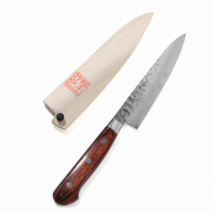 Syosaku Japanese Petty Best Sharp Kitchen Chef Knife Hammered Damascus VG-10 16 Layer Mahogany Handle, 5.3-inch (135mm) with Magnolia Sheath Saya - Syosaku-Japan